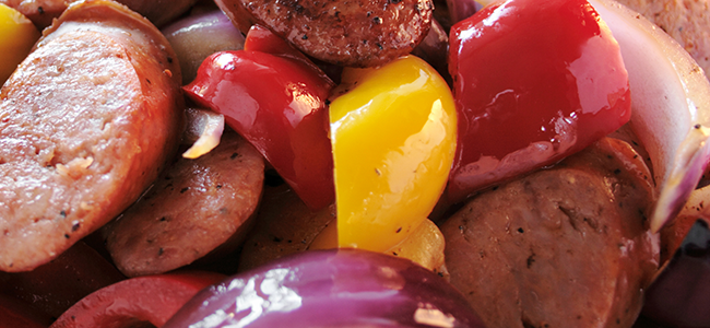 Photo of Vegetarian “Sausage” Sauté with Red Bell Pepper and Onions